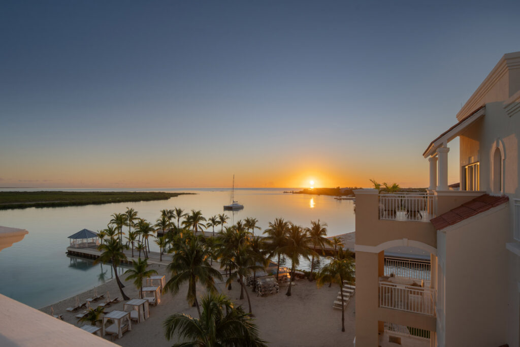 Sunset view over the marina at Blue Haven boutique all-inclusive resort Turks and Caicos